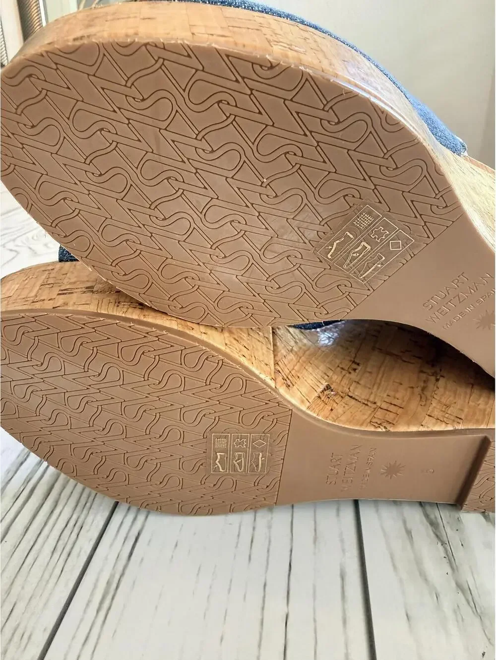 Stuart Weitzman Women's Size 6 Jean Denim Cork Wedge Peep Toe Slingback Sandals - Picture 15 of 15